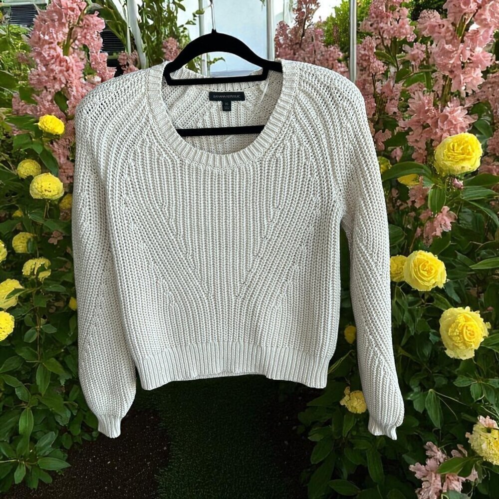 Banana Republic Cream Ivory Beige Chunky Knit Cropped Crewneck Sweater Size XS